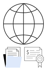 Globe symbol above filed documents, contract with dollar sign, and certification seal. Ideal for financial services, certification authorities, document management, global business, compliance