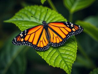 Fototapeta premium Close-up of a Monarch butterfly with vibrant orange and black wings delicately perched on a lush green leaf