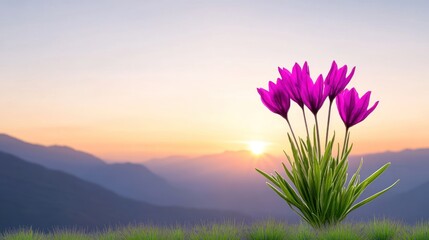 A vibrant bouquet of purple flowers against a serene sunset backdrop.