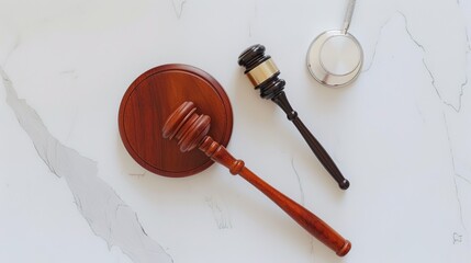 Solemn judge's gavel lying impressively on clean white background. This important tool symbolizes authority and the solemnity in the courtroom, playing a crucial role when making decisions and maintai
