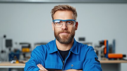 Obraz premium A confident man in a blue work uniform with safety glasses.