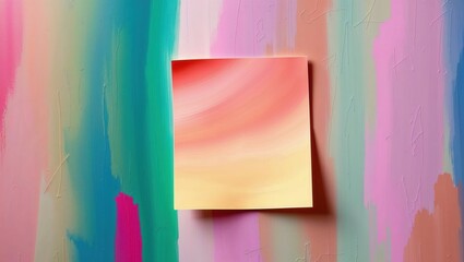 Brightly colored wall with a single sticky note showcasing gradient hues during daylight