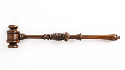 Solemn judge's gavel lying impressively on clean white background. This important tool symbolizes authority and the solemnity in the courtroom, playing a crucial role when making decisions and maintai