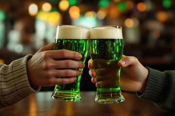 A close-up image of a couple's hands toasting each other with glasses of green beer on St. Patrick's Day.