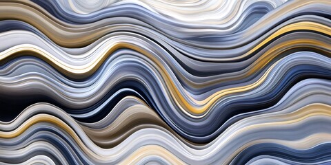 Abstract background with smooth wavy lines creating a mesmerizing pattern of flowing colors in blue, gray, gold and white shades