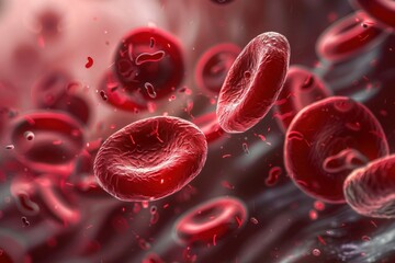  Close-up of red blood cells flowing through a narrow vessel, illuminated by soft light