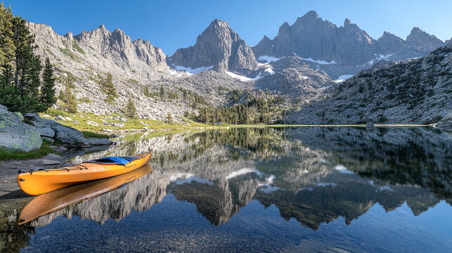 Scenic mountain lake with a kayak reflecting rugged peaks under a clear blue sky
