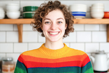 Joyful young woman in colorful sweater kitchen portrait bright smiling