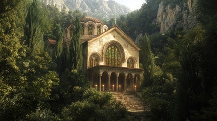 Obraz premium Serene Byzantine Chapel in the Mountains with Soft Light and Candles - Photorealistic Ultra-Detailed Artwork