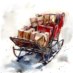 Watercolor painting of a vintage red sleigh overflowing with Christmas presents tied with red and brown ribbons.