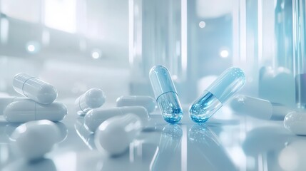 Blue and White Capsules on Reflective Surface.