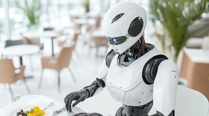 Fototapeta premium A humanoid robot dining in a modern restaurant setting.