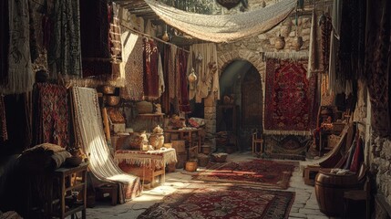 Obraz premium Renaissance of Byzantine Textile Artistry - Vivid Tapestry Weaving Workshop Revealing Exquisite Craftsmanship | Photorealistic Ultra-Detailed Artwork