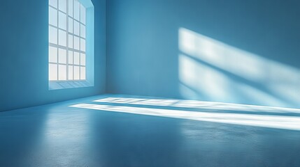 Obraz premium Sunlit blue room interior with large window and concrete floor.