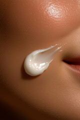 Fototapeta premium Close up detail of young beauty woman applying cream smear on her facial face skin texture. Skincare and cosmetics concept background.