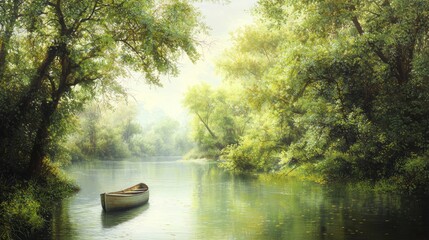Obraz premium Tranquil Byzantine River Serenity: Photorealistic Ultra-Detailed Artwork of Calm Waters and Lush Greenery