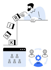 Businessman arranging falling letters spelling RISK, team structure on a webpage, collaborative workflow gears. Ideal for leadership, decision-making, team management, problem-solving, risk analysis