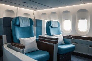 interior view of airplane seats in a modern cabin design with clean rows and subtle lighting