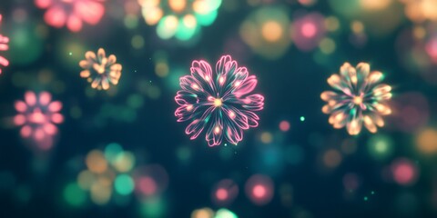 Abstract glowing neon flowers floating on a dark background, creating a beautiful and dreamy atmosphere