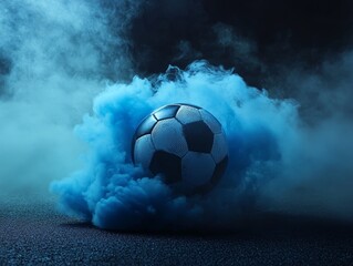 Soccer ball engulfed in blue smoke on dark ground.