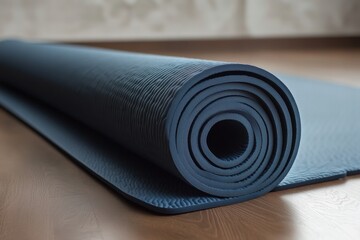 Roll of blue yoga mat placed neatly on wooden floor in a well-lit room