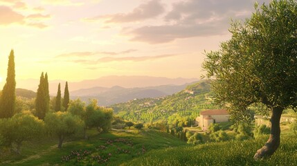 Obraz premium Tranquil Byzantine Hillside at Sunset - Photorealistic Artwork of Serene Olive Trees and Distant Mountains