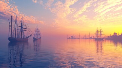 Serene Sunrise in a Byzantine Harbor - Photorealistic Panoramic View