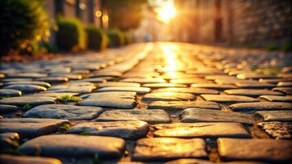 Obraz premium Cobblestone street bathed in the warm glow of a setting sun, creating a path illuminated by golden light.