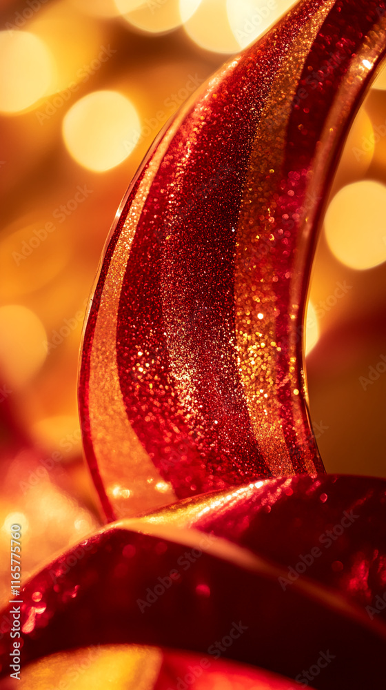Poster close-up of a glittery red and gold decorative ribbon with warm golden bokeh lights in the backgroun