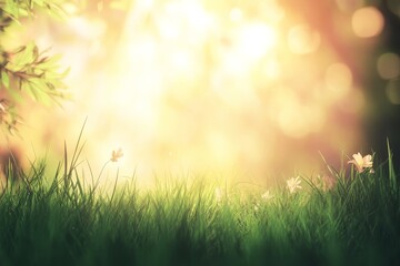 Obraz premium Sunlit meadow with grass, flowers, and bokeh.