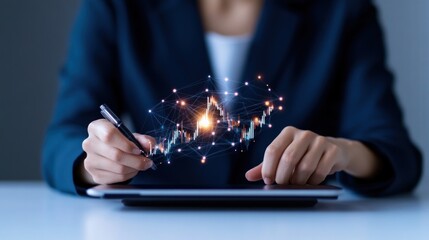 Business professional analyzing data on a digital tablet.