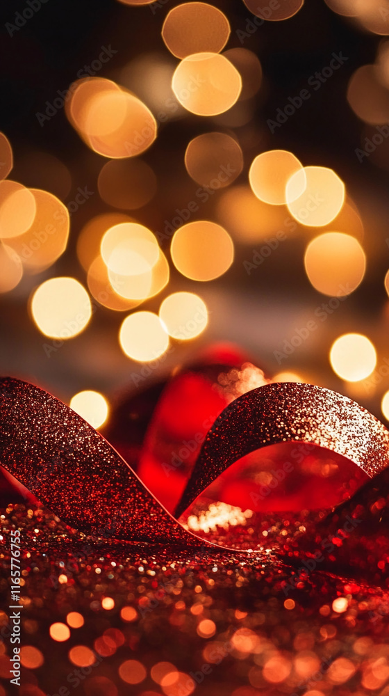 Poster glittering red ribbon with golden bokeh lights creating a festive holiday background