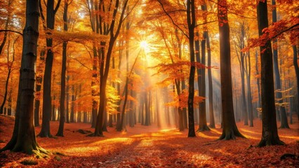 Fototapeta premium Sunlight Filters Through Golden Autumn Forest, Casting Magical Rays of Light Upon a Pathway Lined with Crimson and Amber Leaves