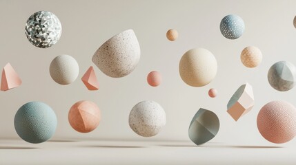 Fototapeta premium Abstract floating shapes in soft pastel colors studio setting digital art minimalist design eye-level view modern aesthetic