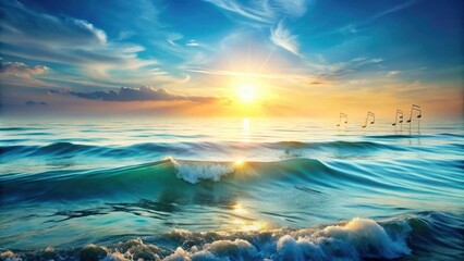 Obraz premium A vibrant sunset over the ocean with musical notes rising from the water, reflecting the golden hues of the sky.