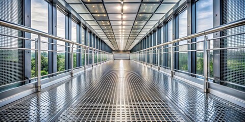 A modern walkway with a steel grating floor and glass walls, offering a glimpse of the surrounding greenery