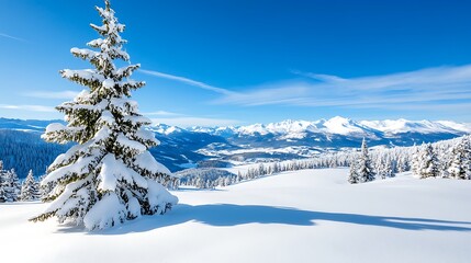 Snowy Mountain Winter Landscape  Fir Tree  Snow Covered Peaks