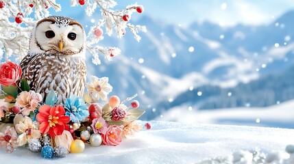 Obraz premium Snowy Owl Winter Wonderland Festive Flowers Mountains