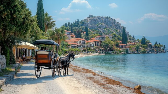 Horse-drawn carriage on a beach path near a picturesque lake town.  Tourists enjoy the scenic beauty of a Mediterranean resort.
