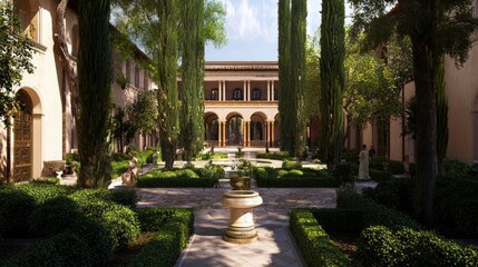 Obraz premium Intriguing Scene in a Byzantine Palace Courtyard - Photorealistic Artwork of Nobles Discussing Politics Amid Lush Gardens and Elegant Columns