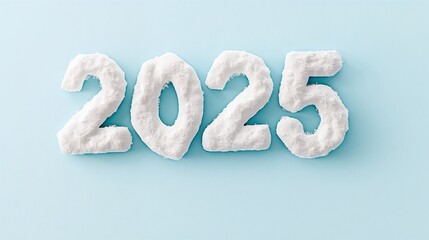 Snow-text "2025" on a light blue background, symbolizing winter and the new year.