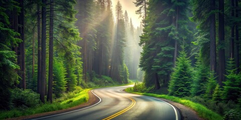 Obraz premium A winding road through a dense forest, with sunlight streaming through the trees, illuminating the path ahead