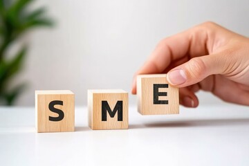 A hand placing wooden blocks to form the acronym SME, representing small and medium enterprises, on a modern workspace background emphasizing entrepreneurship and business growth.