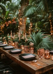 Elegant dinner setting in a lush garden with soft lighting