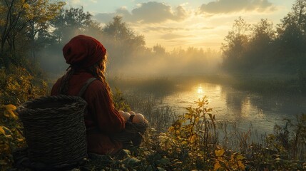 Woman in red hooded tunic sits by misty river at sunrise.