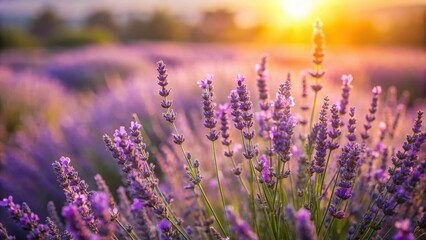 Naklejka premium Close-up view of delicate lavender blossoms bathed in the warm glow of a setting sun, creating a picturesque scene of natural beauty