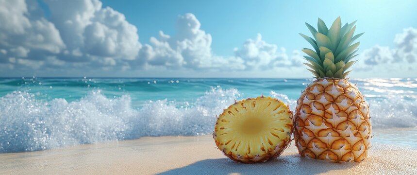 Pineapple on the beach with ocean waves and clouds in sunny weather