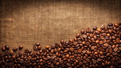 A rustic burlap background with a rich brown hue, adorned with a generous scattering of roasted coffee beans, forming a delightful border and leaving ample space for text or a captivating design.