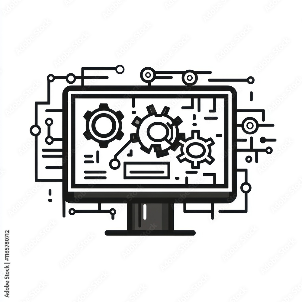 Poster computer screen displaying interconnected gears and circuits
