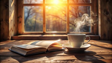 Warm morning sunlight streams through a window, illuminating a cup of steaming coffee and an open book resting on a wooden table.